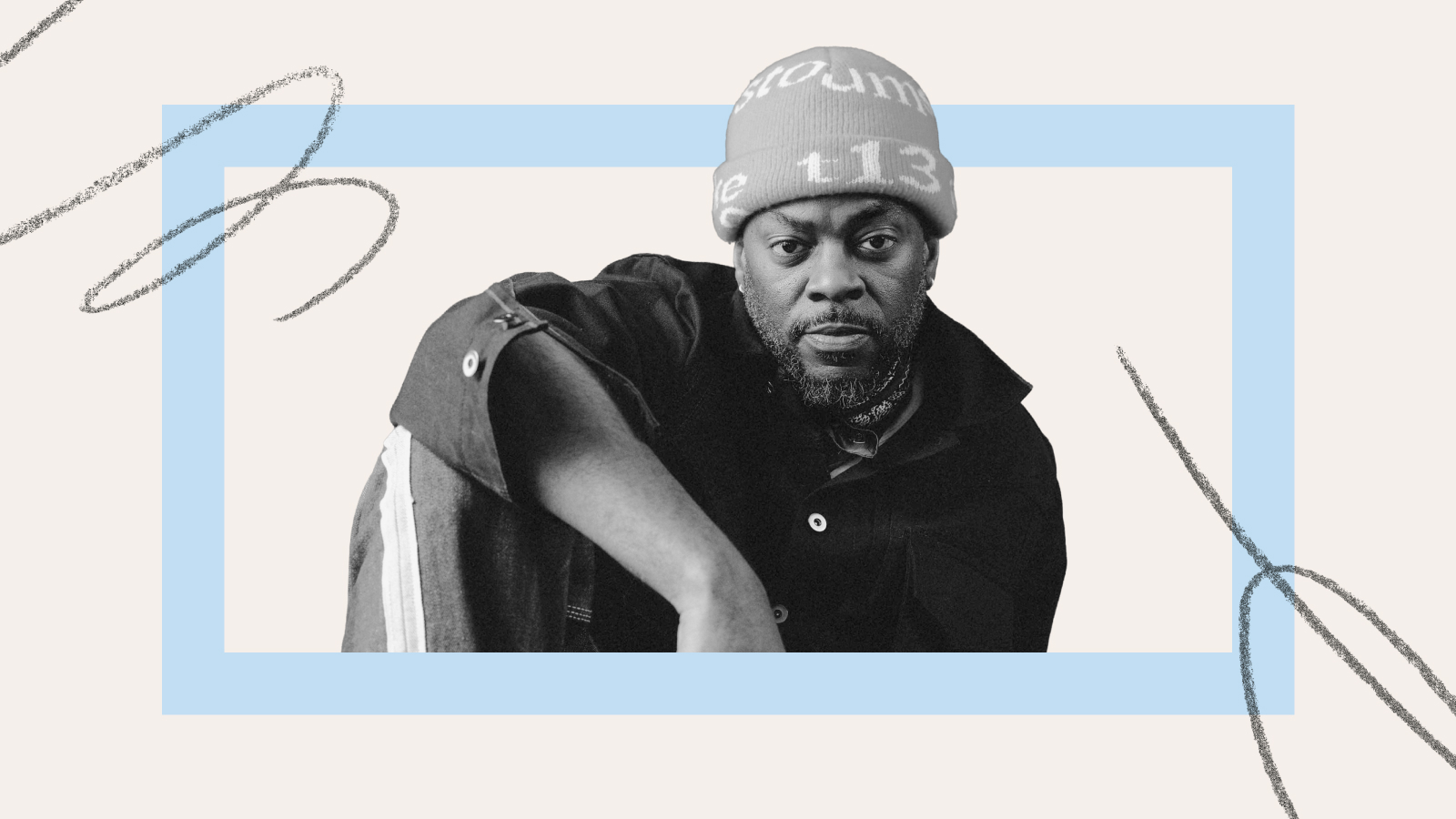 A man wearing a beanie and dark clothing sits with one arm resting on his knee, inside a blue rectangular frame on a light background with abstract lines, embodying the cool, thoughtful vibe of King Willonius.